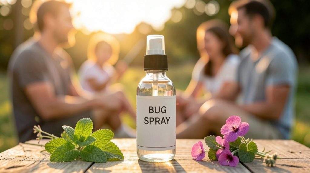 Homemade bug spray on a table with family gathered outdoors in the background