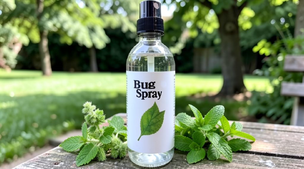 Natural bug spray with mint on the table outdoors