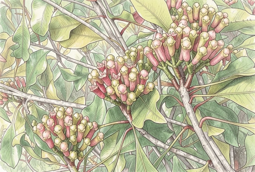 Close-up Illustration of clove buds growing on a clove tree (Syzygium aromaticum)