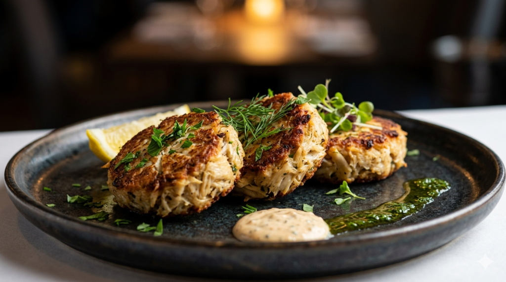 Lion’s mane mushroom crab cakes on black plate as functional food recipe