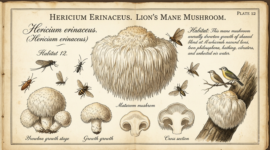 Botanical illustration of lion’s mane mushroom anatomy labeled scientific breakdown plate