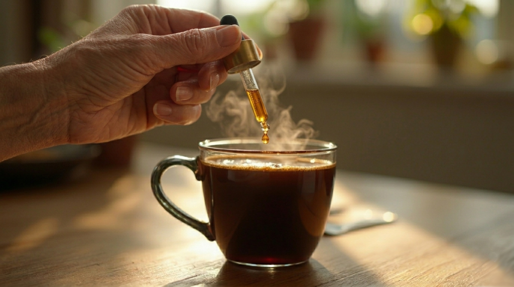 Dropper adding lion’s mane tincture into cup of tea or coffee for supplementation