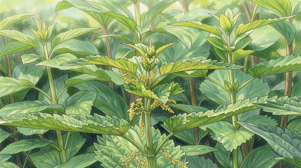 Illustration of stinging nettles (Urtica dioica) growing in the wild
