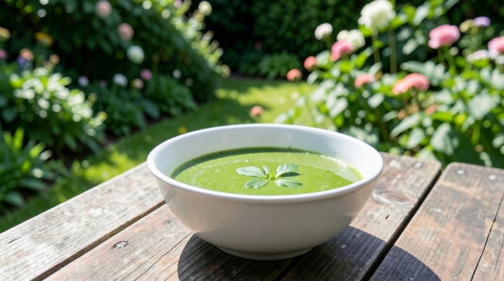 Bowl of nettle soup made from wild foraged nettles in a garden setting