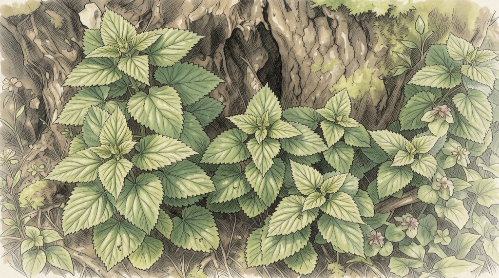 Illustration of stinging nettle plant growing near a tree in woodland habitat