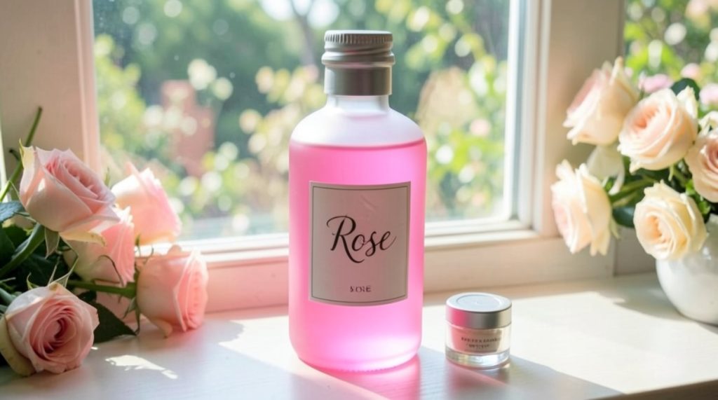 Opaque pink bottle labeled rose with screw top beside small herbal salve jar in sunny window with fresh roses