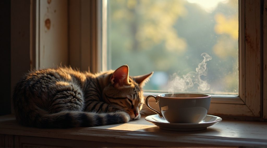Sleeping cat next to herbal tea illustrating natural relaxation and sleep support .