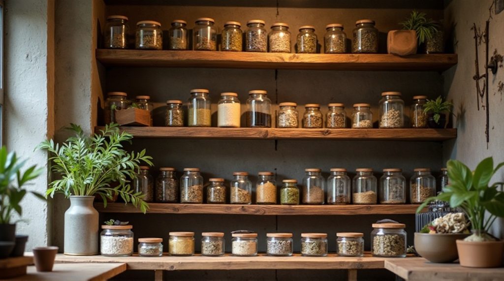 Glass jars filled with dried medicinal herbs on apothecary shelves, featuring traditional herbal remedies, natural wellness plants, and herbal medicine ingredients.