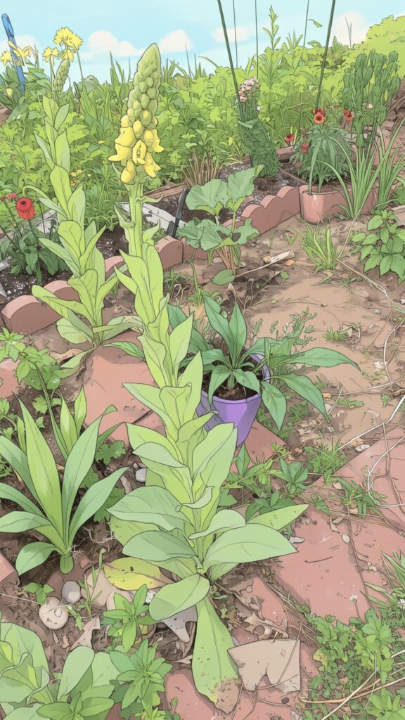 Illustration of a mullein plant growing in a garden with a tall flower stalk and soft, fuzzy leaves