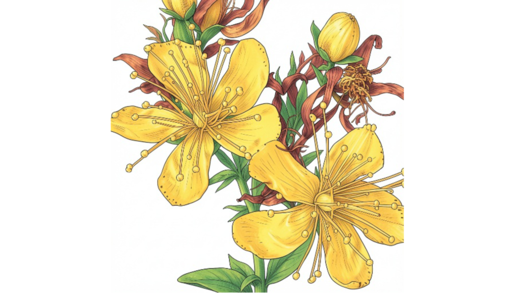 Close-up of St. John’s wort (Hypericum perforatum) yellow flowers showing five petals and dark flower details