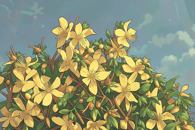 St. John’s wort (Hypericum perforatum) plants blooming outdoors under a blue sky