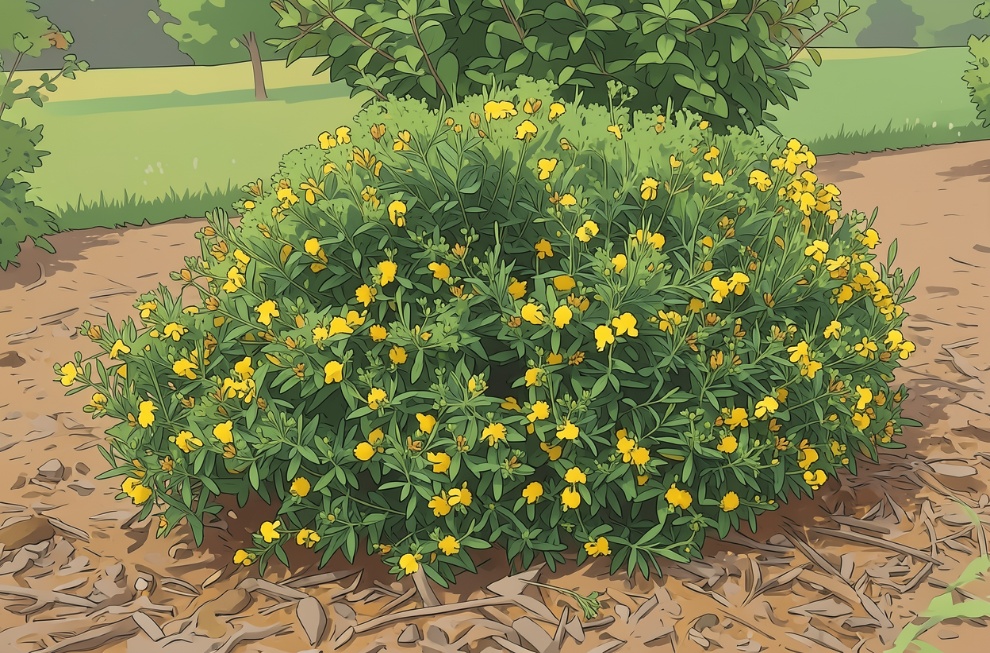 St. John’s wort (Hypericum perforatum) plant growing with clusters of yellow flowers and green foliage